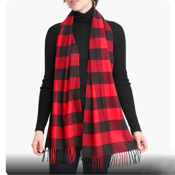 NWT Magic Scarf Buffalo Plaid Red Black Check Infinity Wrap Shawl Fringe Classic - Picture 1 of 6